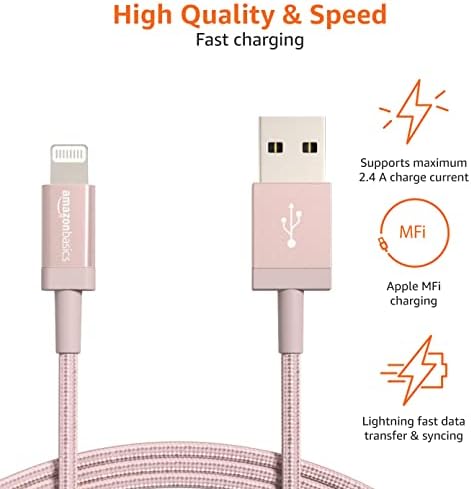 Experience Ultimate Charging Efficiency with the Amazon Basics 6-Foot USB-A to Lightning Charger Cable – MFi Certified, Durable Nylon Braided Design for Fast Power Delivery to Apple i Phone 14, 13, 12, 11, X, Xs Pro, Pro Max, Plus, i Pad – Stylish Dark Gray Finish for Enhanced Compatibility