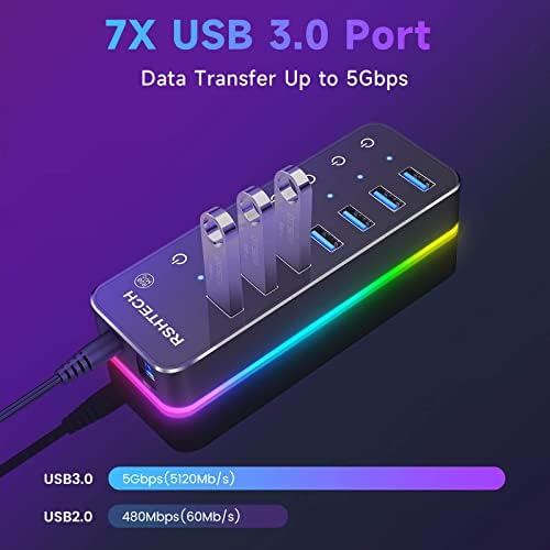 Transform Your Setup with RSHTECH RGB 7 Ports USB Hub – High-Speed USB 3.0 & USB-C Connectivity, Customizable 14-Mode LED Strip, Touch Control, 3.3 ft Cable & Power Adapter for Gamers and Creators – Sleek Aluminum Design for Enhanced Performance and Style