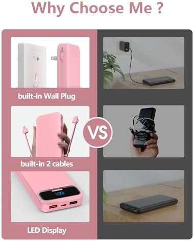 12000 m Ah Ultra-Light Portable Power Bank with Built-In Cables & AC Wall Plug – PD20 W USB-C Fast Charging for i Phone, Samsung & Android – LED Display for Battery Monitoring – Ultimate Travel Companion for Quick Device Recharging