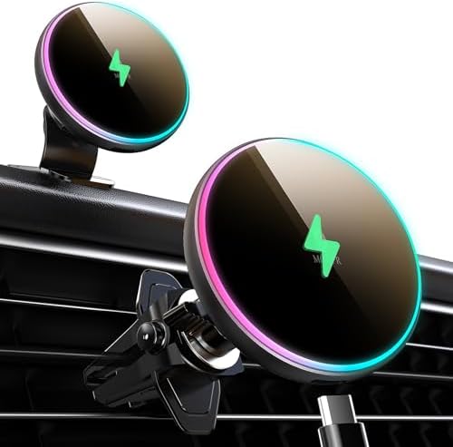 MOKPR 15 W Mag Safe Car Charger & Magnetic Phone Holder – Effortless Fast Wireless Charging with Dynamic LED RGB Lighting for i Phone 15/14/13/12 Series – Stylish Dash & Air Vent Mount for Enhanced Driving Experience and Convenient Accessibility