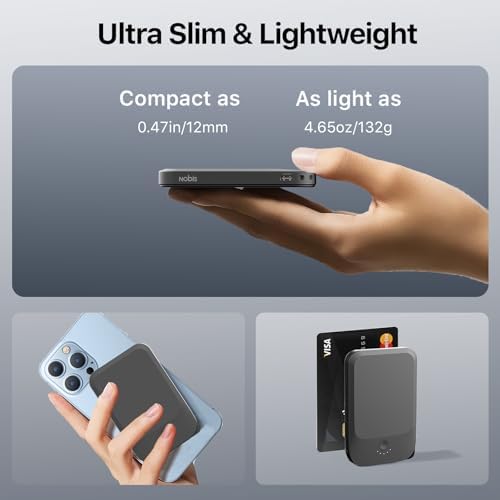 NOBIS 5000 m Ah Slim Magnetic Power Bank with Built-In USB-C Cable – Wireless Portable Charger for Quick Charge 3.0 and Mag Safe Compatibility – 22.5 W Fast Charging Solution for Android and i Phone Users on the Go