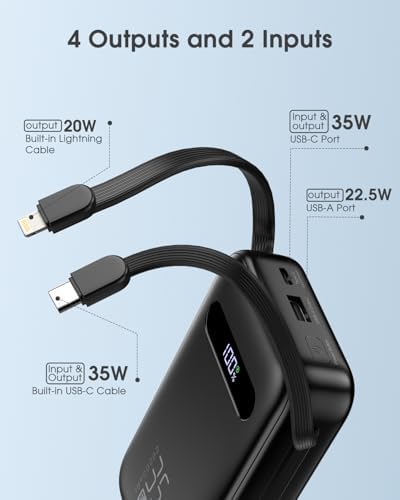 Ultimate 20,000 m Ah Energy QC Power Bank: 35 W PD 3.0 & QC 4.0 Ultra-Fast Charging Portable Charger with Dual Built-In Lightning & USB-C Cables for i Phone 16/15/14, Galaxy S24, i Pad, Air Pods – All-Day Power & 4-Device Charging with Smart LED Display for Travel & Emergencies