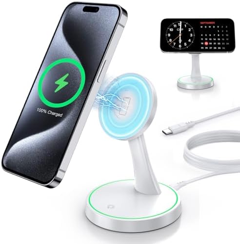 Efficient Magnetic Wireless Charging Stand – 15 W Fast Mag Safe Charger for i Phone 16 Series & Earlier, Sleep-Friendly Indicator Light, Sleek Design, Enhanced Compatibility & Quick Charge for Air Pods – Ultimate Cordless Convenience