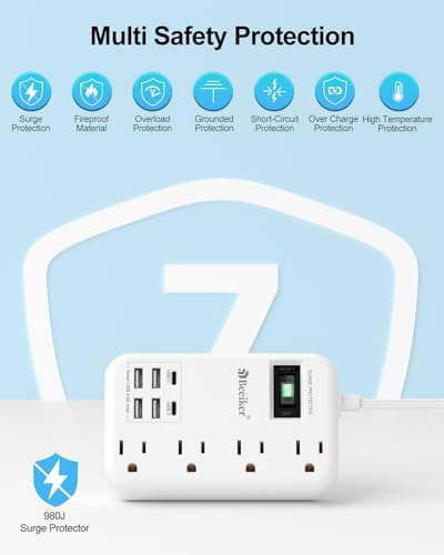 International Travel Power Adapter with 6 USB Ports and 4 AC Outlets – Versatile Plug Converter for European Destinations Including UK, France, Italy, and Germany – Compact 3 ft Extension Cord with Surge Protection for Enhanced Device Safety and Charging Efficiency
