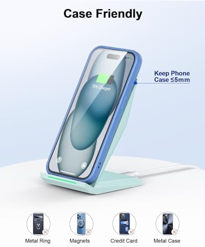 NANAMI 15 W Qi Certified Fast Wireless Charger Stand – Ergonomically Designed for i Phone 16/15/15 Pro/Plus/Max & Samsung Galaxy S25/S24/S23/S22/S21 – Ultra-Fast Charging with Advanced Safety Features for All Qi-Compatible Devices – Sleek, Space-Saving Solution for Effortless Charging at Home or Office