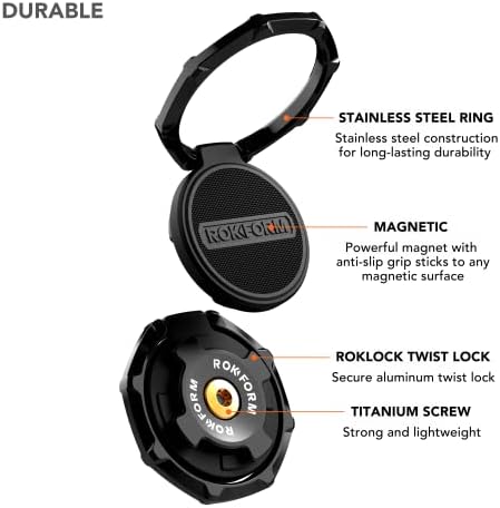 Rokform Magnetic Sport Ring Grip and Stand – Ultra-Slim Metal Phone Holder for i Phone & Samsung Twist Lock Cases, Black – Effortless Portrait & Landscape Viewing with Superior Magnetic Adhesion and Durable Construction for Everyday Use – Backed by 2-Year Warranty and Exceptional Customer Support