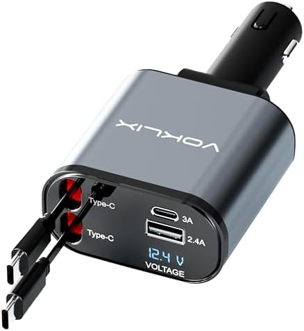 Ultimate 4-in-1 Retractable Car Charger – 66 W High-Speed USB Adapter with 2.6 ft Cables for i Phone 15/14 Pro – Fast Charging, Tangle-Free Design, Dual USB Ports for Multiple Device Compatibility – Ideal Travel Companion for On-the-Go Charging