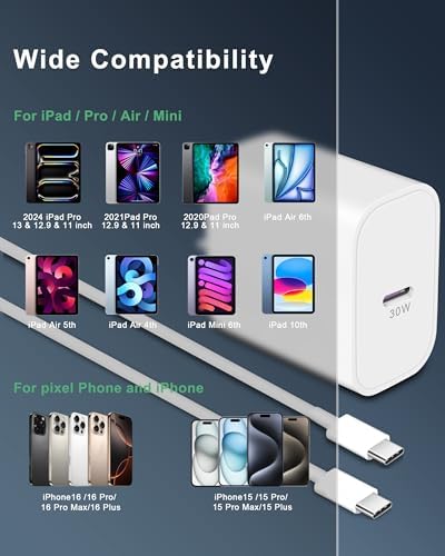 30 W USB-C Fast Charger with 10 FT Cable – Ultimate Charging Solution for i Pad Pro, Air, and Mini Models – Rapid 30 W Power Delivery, Enhanced Safety Features, Perfect for Home and Travel Use