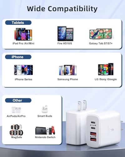 40 W 4-Port USB C Power Adapter Duo – Compact Fast Charging Block for i Phone 16-12 & Samsung Devices – Rapid PD & Quick Charge 3.0 for Maximum Efficiency at Home and on the Go