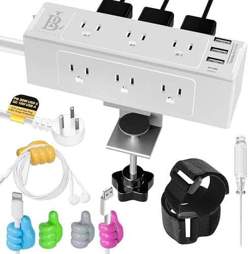Maximize Workspace Efficiency with the 9-Outlet Desk Clamp Power Strip – Ultimate Mountable Surge Protector Featuring Fast Charging USB & USB-C Ports, 6 ft Extension Cord for Home Office Convenience, Sleek White Design for Enhanced Aesthetics and Functionality