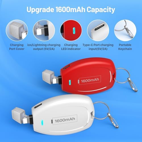 Compact Keychain Power Bank Duo: 1600 m Ah Emergency Charger for i Phone 8, 11, 12, 14 & Air Pods – Ultra-Portable Mini External Battery Pack in Stylish Blue & Pink – Fast Charging & Enhanced Compatibility for On-the-Go Power Solutions