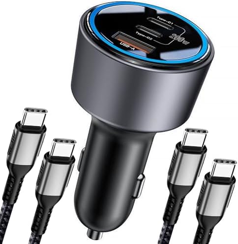 High-Power 200 W USB C Car Charger – Multi-Port PD3.0 QC4.0 Adapter with Dual 100 W Cables for Fast Charging on the Go – Universal Compatibility for Dell XPS, Mac Book, i Phone 16/15/14, Galaxy S24 Ultra & i Pad Pro – Efficient Travel Companion for Modern Devices