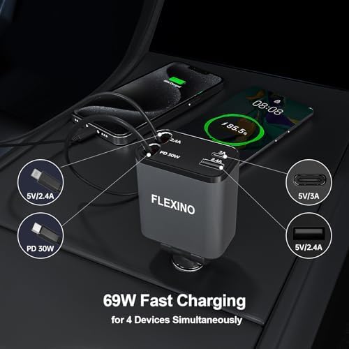 Flexino 69 W Retractable Car Charger for i Phone 16 & Galaxy – Dual USB-C Fast Charging Adapter with 2.6 ft Cords for Seamless Road Power – Compact, Stylish, and Versatile Car Charger Accessory for All Devices