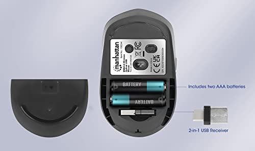 Enhance Your Productivity with the MANHATTAN Wireless Compact Travel Mouse – Versatile 2.4 GHz RF Connection, Adjustable 800/1200/1600 DPI, Six Customizable Buttons, USB-A & USB-C Dual Receiver for Ultimate Compatibility – Perfect for Laptops, PCs & On-the-Go Professionals – Backed by a 3-Year Warranty for Peace of Mind