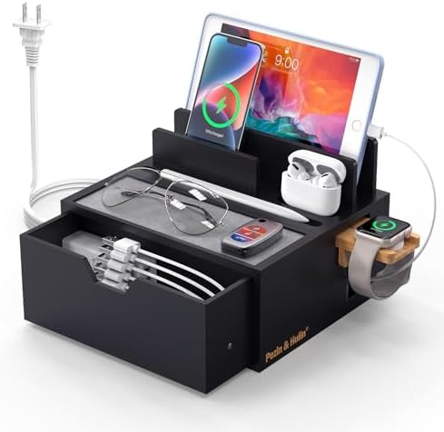 Bamboo Multi-Device Charging Station with 5-Port USB Hub & Drawer – Fast Charging Dock Organizer for Smartphones & Tablets – Eco-Friendly Power Solution with Enhanced Compatibility & Sleek Aesthetics