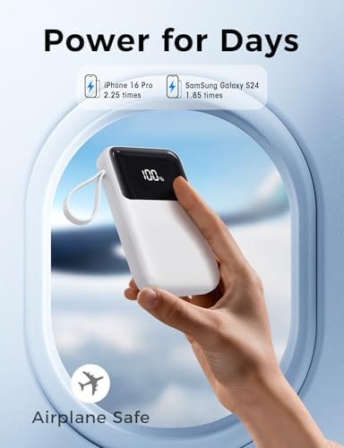 15000 m Ah Ultra-Slim Portable Charger with Integrated Cable – 22.5 W Fast Charge Power Bank for Multiple Devices, Ideal Travel Battery Pack with LED Indicator – Compatible with i Phone 16/15/14/13, Samsung, and More