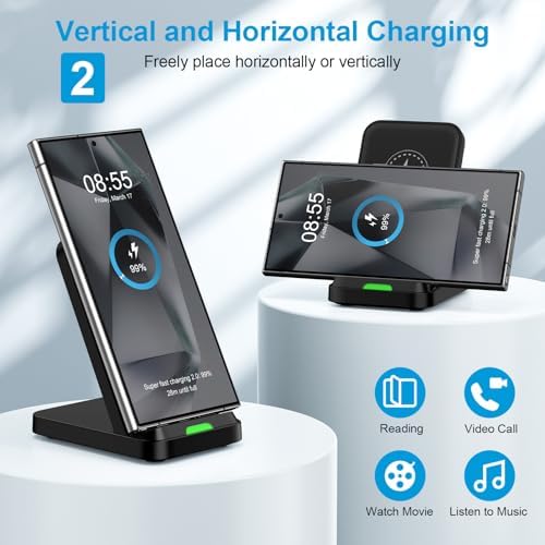 15 W Fast Wireless Charging Stand for Google Pixel 9 Pro & Samsung Galaxy Devices – Anti-Slip, Case-Friendly Dock with 18 W QC3.0 Adapter – Dual-Coil Design for Vertical & Horizontal Charging – Safe, Reliable Power Station with Multiple Protection Features – Ideal for Pixel 9 Pro XL, Fold, 8 Pro, 7 Series & More – Quick Charge for i Phone 16 & Moto G Stylus 5 G – Enhance Your Charging Experience with High-Speed Performance and Versatile Compatibility – Perfect for Home or Office Use