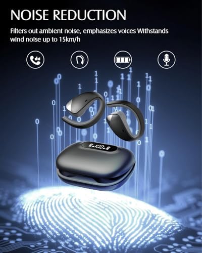 Ultimate Open Ear Bluetooth 5.3 Sports Earbuds with 48-Hour Playtime – Exceptional Hi-Fi Stereo Sound, Secure Earhooks for Active Use, LED Battery Life Display, Advanced ENC Noise Cancellation, Sweat-Resistant for Maximum Longevity, Compatible with All Devices for Uninterrupted Enjoyment
