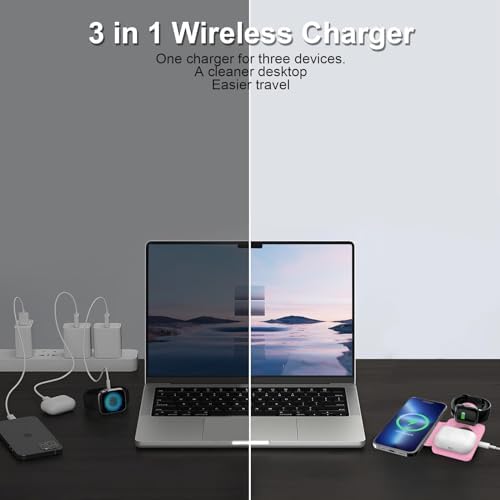 Miady 3-in-1 Magnetic Wireless Charging Station – Ultra-Fast 18 W Travel Charger for i Phone 15/14/13/12 Pro Max, Apple Watch Series Ultra/8/7/6/5/4/3/2/SE, and Air Pods 3/2 – Compact, Portable Design for Effortless Charging and Unmatched Device Compatibility