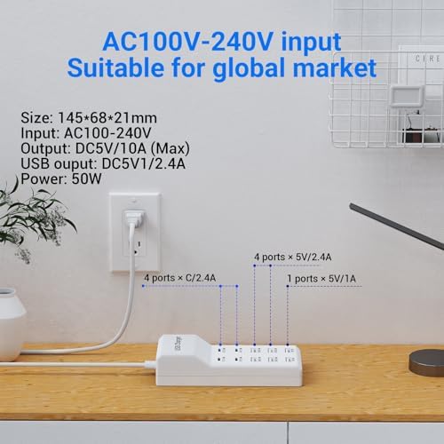 Ultimate 10-Port USB Charging Hub – 50 W Fast Multi-Device Charger Station Compatible with i Phone, Galaxy, i Pad, and More – Smart Power Distribution for Home & Office Use – Sleek, Compact Design for Travel Convenience