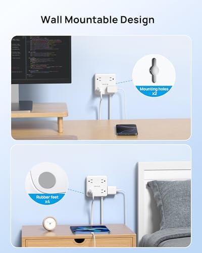 TROND 360° Rotating Plug Power Strip with 5 FT Flat Cord – 4 AC Outlets & 4 USB Ports (2 USB-C) – Wall Mount Surge Protector with 1440 Joules Safety Rating – Ultimate Travel & Home Charging Solution for Electronics and Devices