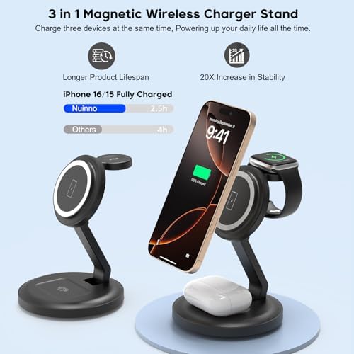Ultimate 3-in-1 Magnetic Wireless Charging Station for Apple Devices – Foldable Design with Enhanced Magnetic Alignment for i Phone 16/15/14/13/12, Apple Watch Series 9/8/7/6/SE, and Air Pods Pro/2/3/4 – Fast Charging with 20 W PD Adapter and USB-C Cable Included – Travel-Friendly, Compact, and Efficient Power Solution for All Your Apple Gear – Experience Seamless Charging with Superior Stability and Optimized Viewing Angles, Perfect for Home, Office, or On-the-Go Use – Elevate Your Charging Experience Today!
