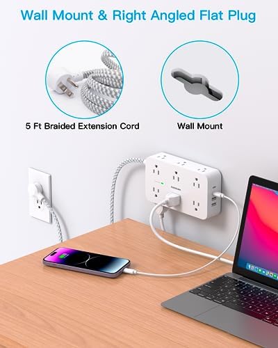 HANYCONY 12-Outlet Power Strip Surge Protector with 4 USB Ports (2 USB-C) – 6 ft Flat Extension Cord with 1800 J Surge Protection, Wall-Mountable Charging Station for Home, Office, and Dorm Room – Ultimate Device Connectivity and Fast Charging Solutions
