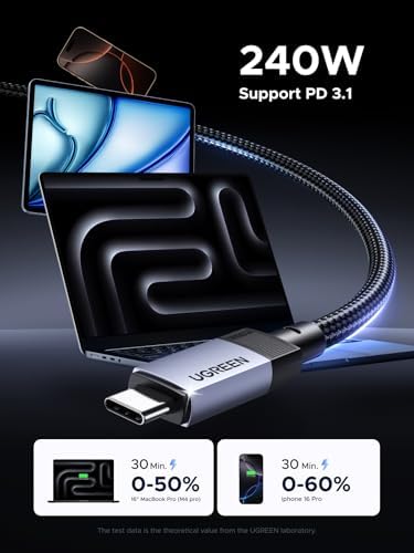 UGREEN 240 W USB-C Cable – 10 Gbps High-Speed Data Transfer & 4 K 60 Hz Video Output for Ultimate Performance – Fast Charging Compatible with i Phone 16/15/14 Pro Max, Galaxy S25/S24/S23 Ultra, Mac Book Pro – 3.3 FT of Enhanced Versatility and Durability