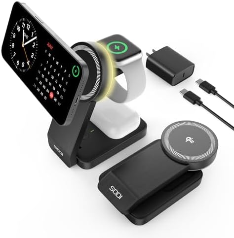 SODI Qi2-Certified 3-in-1 Foldable Wireless Charging Station with Adjustable Night Light – Fast Travel Charger for i Phone, Android, Apple Watch & Air Pods, Sleek Multi-Device Nightstand Charger for Effortless Power Management and Enhanced Compatibility