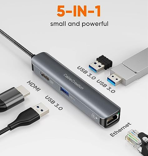 Sleek 5-in-1 USB C Hub Multiport Adapter – Aluminum 4 K HDMI, 1 Gbps Ethernet & 3 USB 3.0 Ports for Enhanced Connectivity on Mac Book Pro/Air, i Pad Pro & Surface Go – Ultimate Solution for Fast Data Transfer & Seamless Streaming