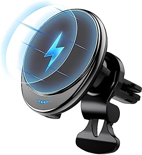 Mag Safe Car Mount Wireless Charger – 15 W PRO Fast Charging Station for i Phone 16, 15, 14, 13, 12 Models – Universal Vent Design for Effortless Use and Magnetic Stability – Streamlined, Compact Accessory for On-the-Go Power and Connectivity
