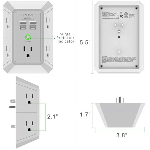 QINLIANF 5-Outlet USB Wall Charger with Surge Protection – 4 USB Ports (4.8 A Total) Power Strip Extender, 3-Sided Design for Easy Access, 1680 J Surge Defense, Compact Multi-Plug Adapter for Home, Travel, and Office Use – Elevate Your Charging Experience with Versatile Compatibility and Safety