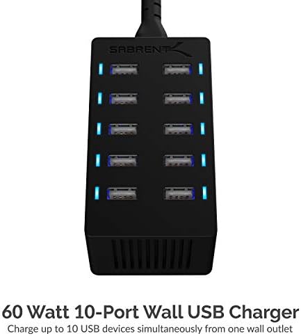 SABRENT 6-Port Aluminum Desktop USB Rapid Charger – 60 W (12 A) Smart Charging Station for Family Devices – UL Certified with Auto Detect Technology – Sleek, Compact, and Ideal for Home, Office & Travel Use