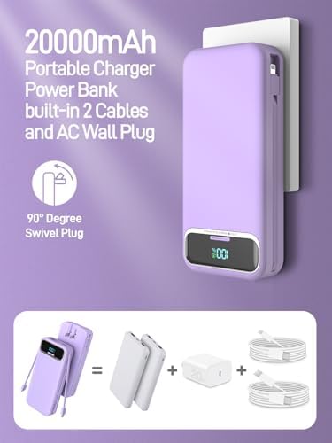 Ultimate 20,000 m Ah Portable Charger with Built-in Cables & AC Plug – Super Fast PD20 W & SCP22.5 W USB-C Power Bank for Quick Device Charging – LED Display & Universal Compatibility for i Phone, Samsung & More – Essential Travel Accessory for On-the-Go Power Solutions