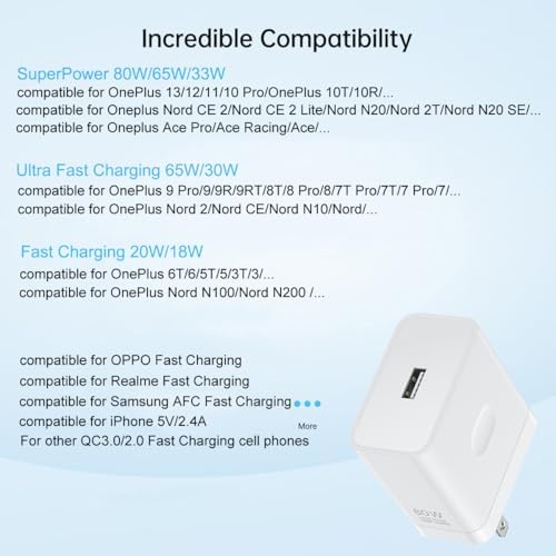 High-Performance 80 W & 65 W Compatible One Plus Charger with 3.3 ft Cable – Rapid Charging Solution for One Plus 13, 12, 11, and More – Versatile, Lightweight Design for Travel and Enhanced Device Protection