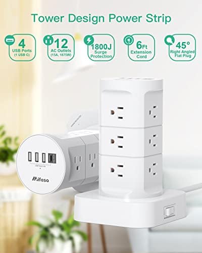 High-Performance Surge Protector Power Strip Tower with 12 AC Outlets and 4 USB Fast Charging Ports – 10 FT Extension Cord for Ultimate Flexibility, Ideal for Home, Office, and Dorm Room Essentials – Space-Saving Design with Advanced Surge Protection