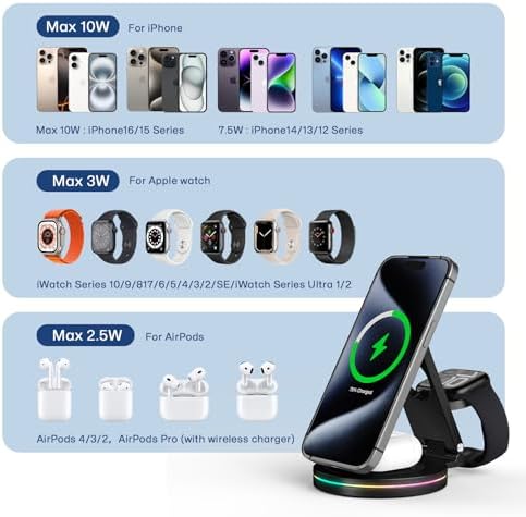 Revolutionary 3-in-1 Wireless Charger Hub for i Phone, Apple Watch & Air Pods – 10 W Fast Charging, 360-Degree Rotating Zinc Alloy Design, Foldable & Magnetic for Ultimate Convenience and Compatibility with i Phone 12-16 Series