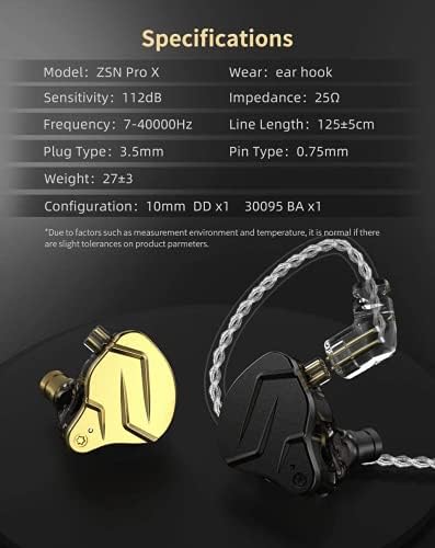 KZ ZSN PRO X Dual Driver Earbuds – Hi-Fi Stereo Headphones with Balanced Armature & Dynamic Driver, Ergonomic Comfort for Optimal Listening, Detachable Cable & Built-In Microphone, Perfect for Audiophiles & Everyday Use – Golden Finish