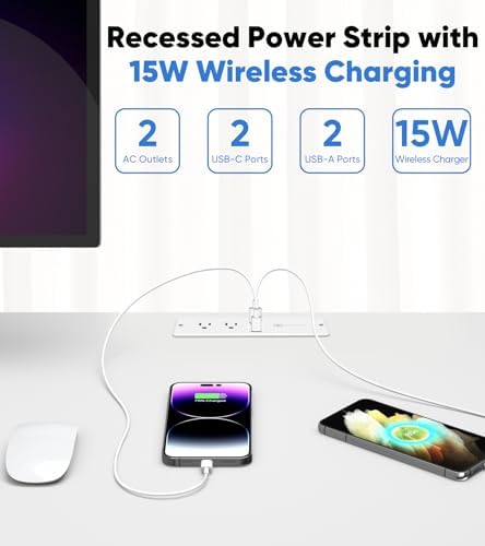 Revolutionary 20 W Recessed Power Strip with 15 W Wireless Charger – Ultimate Flush Mount Charging Solution Featuring 4 USB Ports (2 USB-C) for Enhanced Device Compatibility, Ideal for Home and Office Setup with 6 FT Cable and Built-In Surge Protection