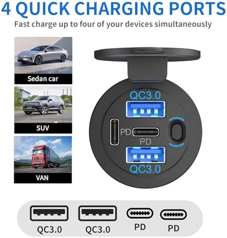 High-Speed 2 Pack Dual PD 30 W USB-C & Quick Charge 3.0 12 V Waterproof Car Charger Socket – Multiport Power Solution for Cars, Boats, RVs & ATVs with Built-in Power Switch for Enhanced Energy Efficiency