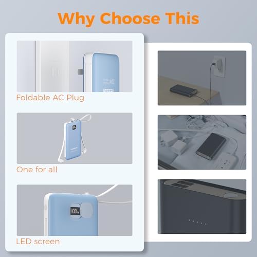 TESSAN 10,000 m Ah Portable Charger with Built-In Cables and Fast 20 W Charging – Compact Power Bank with Foldable Wall Plug for i Phone 16/15, Samsung, and Tablets – Essential Travel Companion for Uninterrupted Device Power
