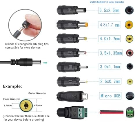 Guan Ting Universal 12 V 2 A Power Supply Adapter – High-Efficiency AC to DC Charger with 8 Interchangeable Tips for Maximum Flexibility – Compact 24 W Converter for Rapid Charging and Enhanced Device Compatibility