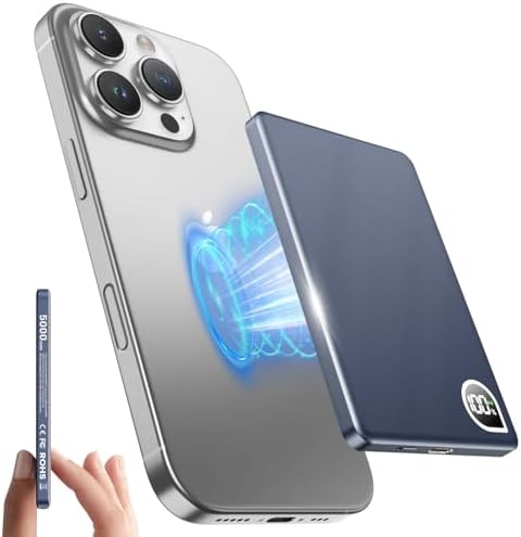Ultra-Slim Magnetic Wireless Power Bank – 5000 m Ah Fast Charging Battery Pack with Digital Display & USB-C Cable – Lightweight Portable Charger for i Phone 15/14/13 & Samsung Android – Premium Metal Design with Enhanced Durability & Safety Features
