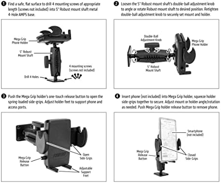 ARKON Drill-Base Mega Grip Phone Mount – Universal Compatibility for i Phone, Galaxy, Note & Pixel | 360° Adjustable Viewing Angle | Durable AMPS Flat Surface Installation | Enhanced Grip Technology for Ultimate Stability – Perfect for Safe Driving and Hands-Free Use