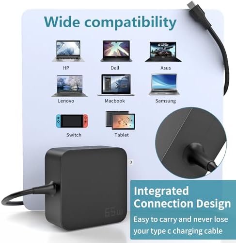 High-Speed 65 W USB-C Charger for Lenovo Think Pad, HP Elite Book, Dell Latitude, Mac Book Pro, and More – Universal Power Adapter with PD Fast Charging, Enhanced Safety Features, and Broad Compatibility for Laptops and Smartphones