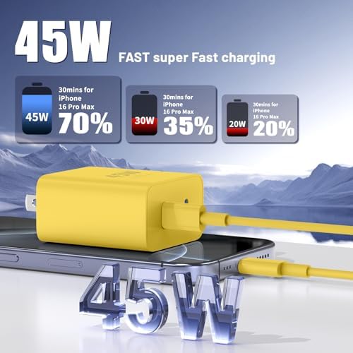 Ultimate Fast Charging Solution for i Phone 16/15 Pro Max – 45 W Dual Port USB-C Charger Block (2-Pack) with Extra Long 60 W Cables – PD Quick Adapter 3.0 for Enhanced Device Compatibility and Speed – Perfect for Home or On-the-Go Charging