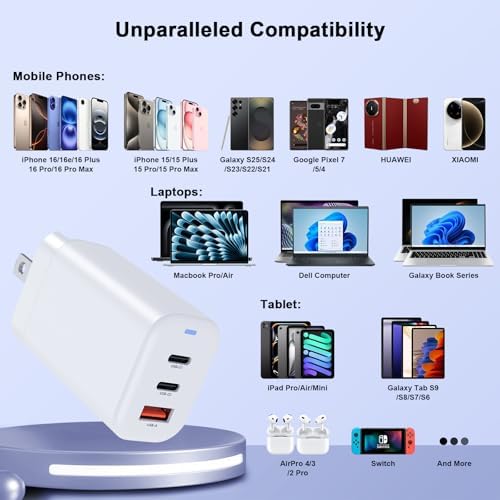 65 W Ga N USB-C Fast Charger Block – Ultra-Compact 3-Port Adapter for Quick Charging on Mac Book Pro/Air, i Pad Pro, i Phone 16/15/14/13, Samsung Galaxy S25/S24/S23, Note 20/10, Pixel 9/8/7 – Perfect Travel Companion with Superior Efficiency and Multi-Device Compatibility