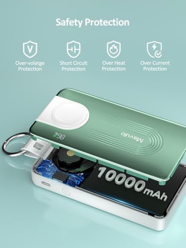 Mavulo Ultra-Fast Wireless Power Bank for Apple Devices – 10000 m Ah Portable Keychain Charger with Retractable USB-C Cable, 20 W Quick Charge Capability, LED Battery Indicator – Compatible with i Phone 15/16, i Pad, Air Pods Pro, and Apple Watch – Sleek Black Design for On-the-Go Power Solutions