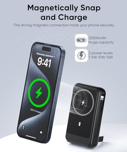 Ultra-Fast Magnetic Power Bank 12000 m Ah for Mag Safe Devices – Wireless Charger with Built-In Cables for i Phone 16 Series, 22.5 W Rapid Charging for On-the-Go Convenience and Seamless Compatibility with i Phone 15/14/13/12 Models – Sleek, Durable Design for Effortless Power Solutions