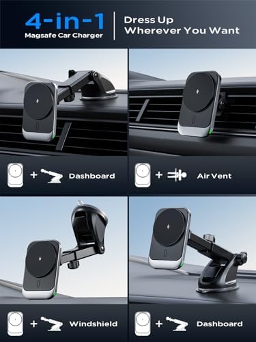 Hinyx 15 W Magnetic Wireless Car Charger for Mag Safe – Fast Charging Phone Mount Compatible with i Phone 15/14/13/12/11 Pro Max, Samsung, Google, LG – Secure Vent & Dash Holder for Effortless Navigation and Music Control